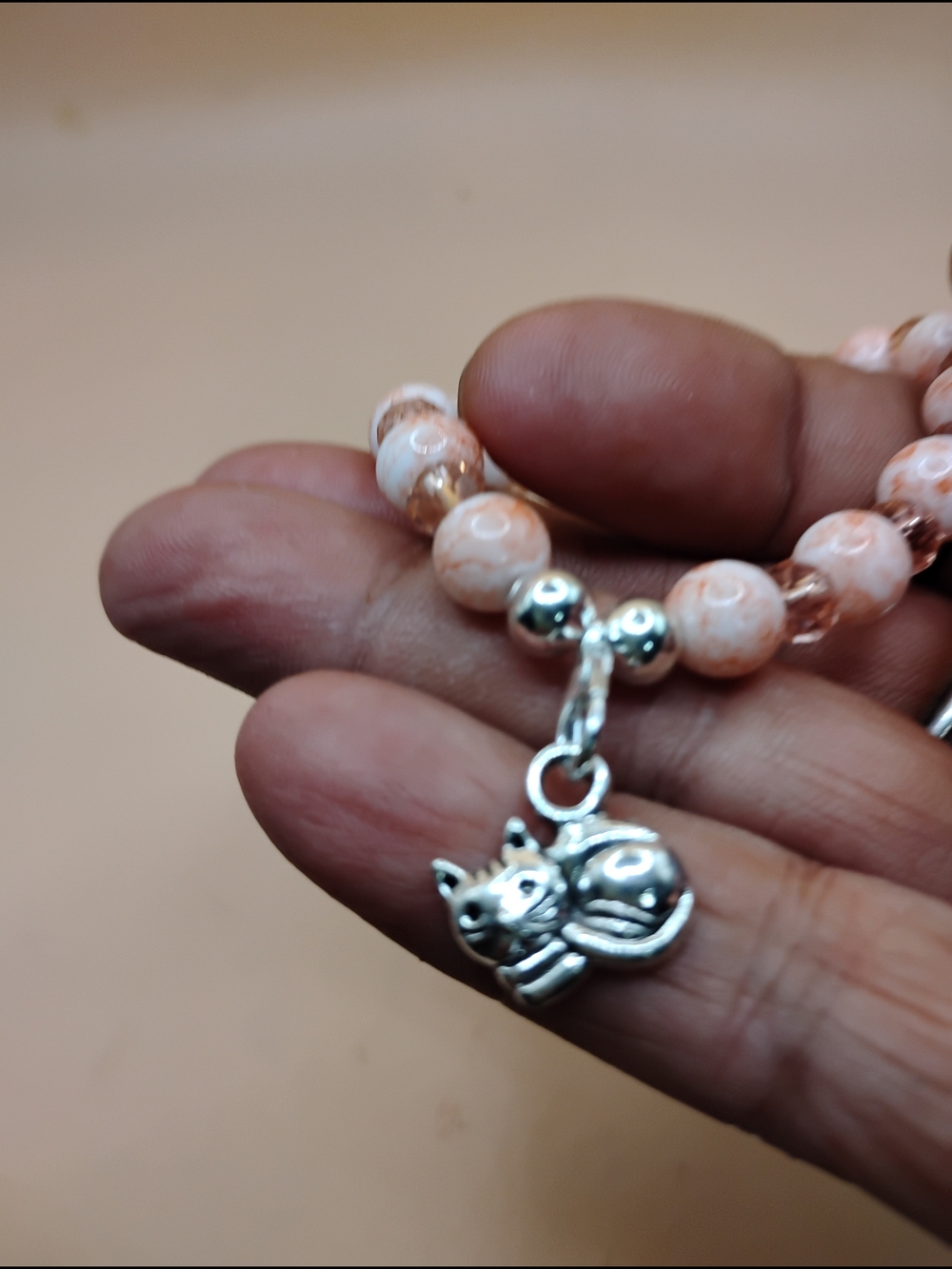 Peach & White Beaded Stretch Bracelet with Cat Charm